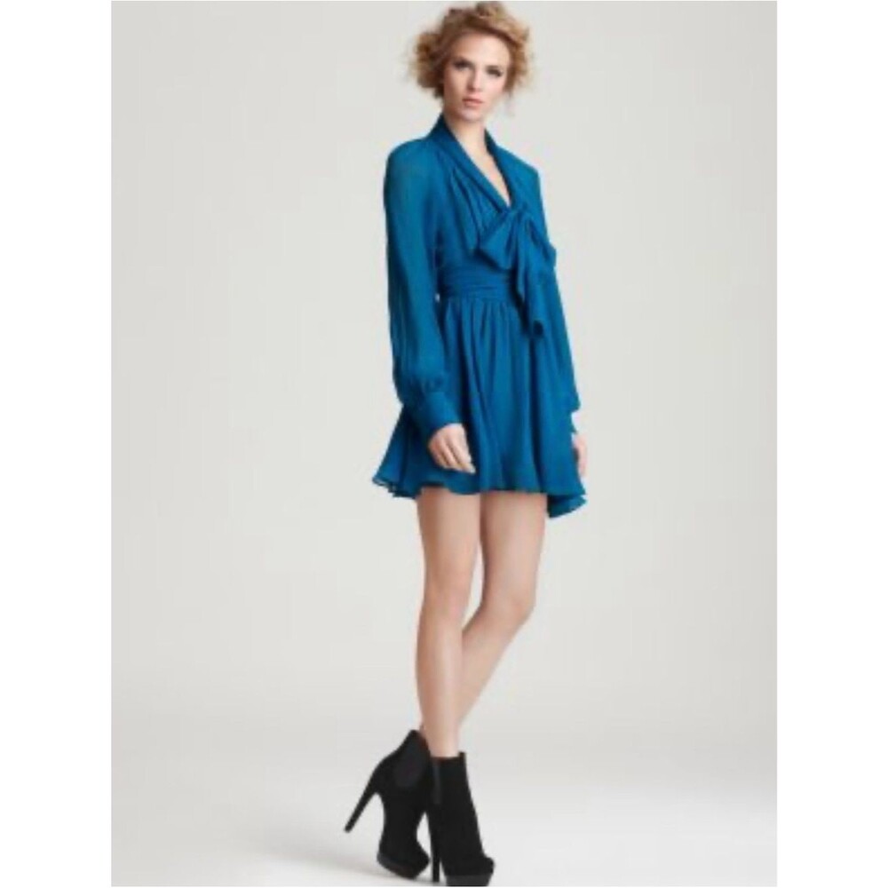 Rachel Zoe Teal Tie-Neck Long-Sleeve silk flowy Mini Dress